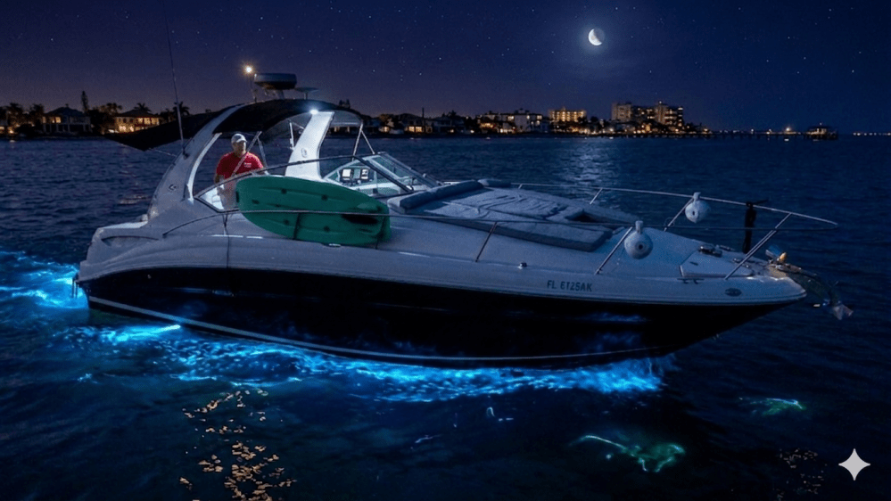 Boat with glowing water at night under a crescent moon.
