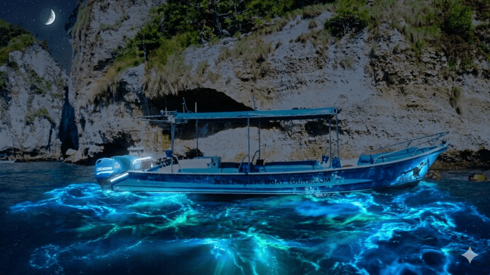 Nighttime boat on glowing water with rocky cliffs and crescent moon.