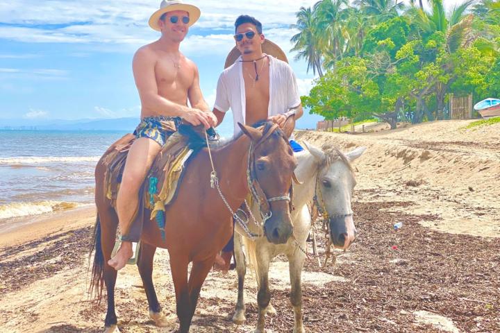 a person riding a horse on a beach