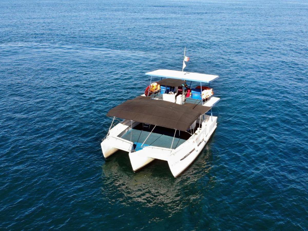 Aerial view of a catamaran on calm blue sea.