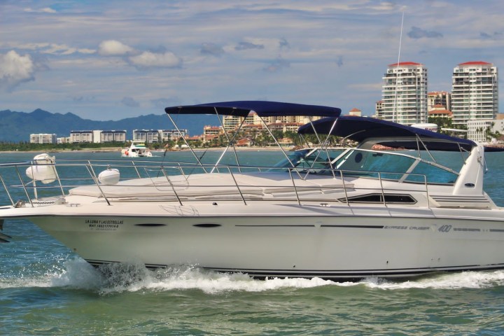 a small boat in a large body of water