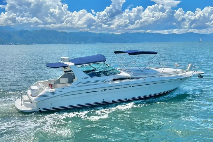 a small boat in a large body of water