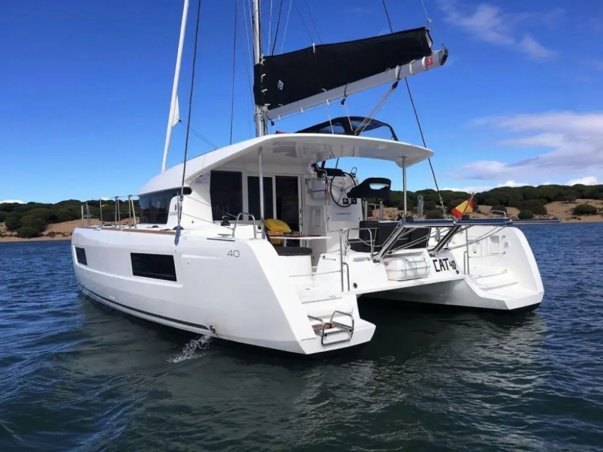 White catamaran sailboat on the water under a blue sky near a tree-lined coastline.