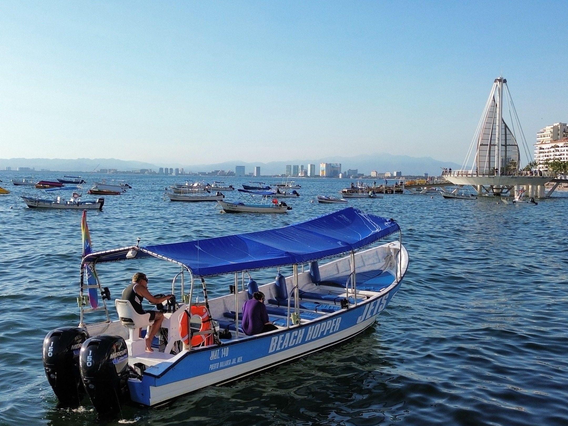 Small motorboat with blue canopy on the water, city skyline in the background.