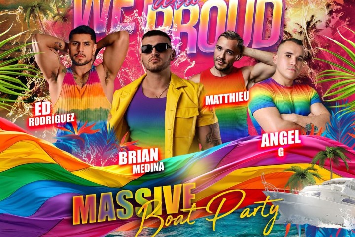 Colorful party poster with four men in rainbow shirts and tropical theme.