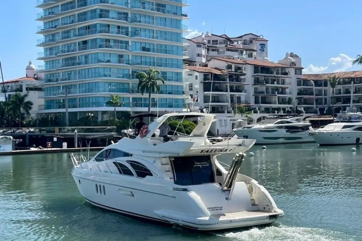 White yacht in marina with modern high-rise and palm trees in background.