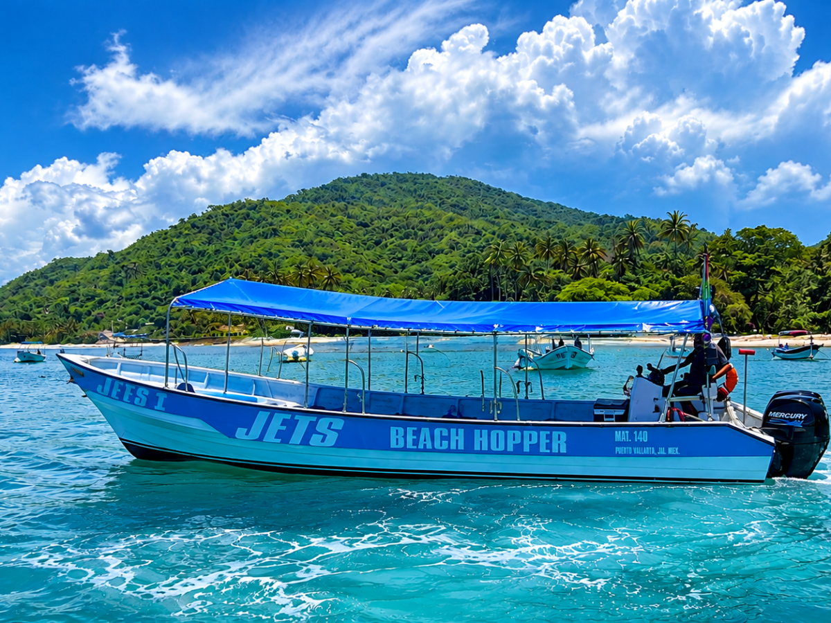 Boat with blue canopy named 'JETS BEACH HOPPER' on clear water near lush green hills.