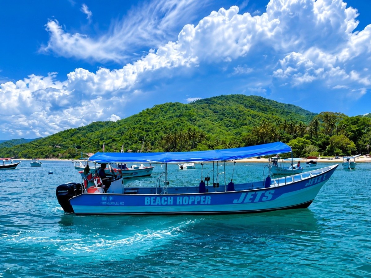 Blue tour boat on clear water, lush green hills in background, fluffy white clouds in sky.