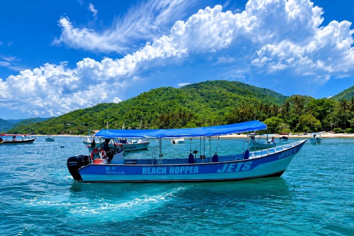 Blue tour boat on clear water, lush green hills in background, fluffy white clouds in sky.