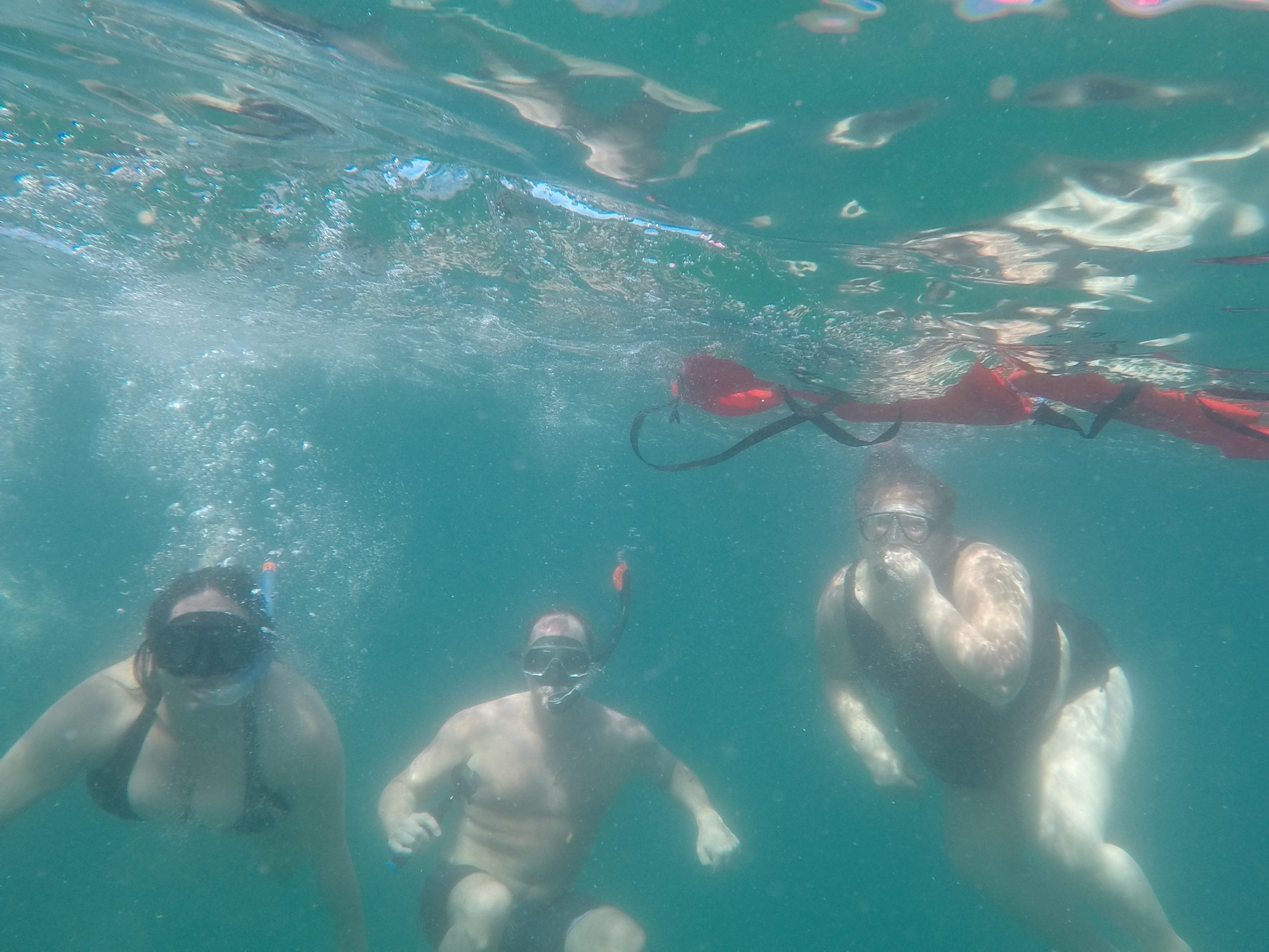 Three people snorkeling underwater with a red flotation device.